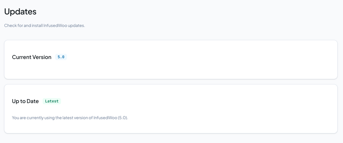 Updates page showing current version, update available badge, and changelog