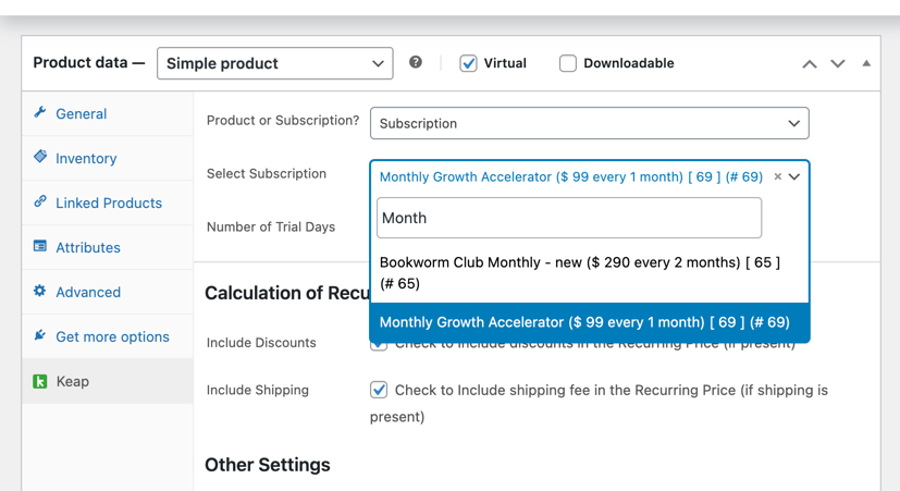 Product edit showing the Keap tab with Subscription selected and plan picker
