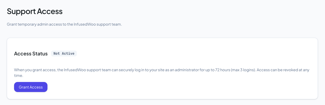 Support Access page showing Not Active status with the Grant Access button