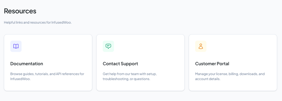 Resources page showing the three link cards